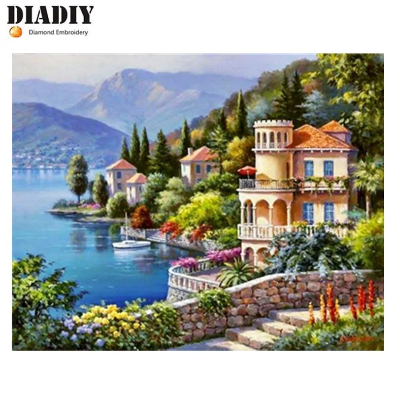 

Diamond embroidery landscape sea picture Full round Rhinestones Mosaic pattern Diamond Painting Cross Stitch house icon