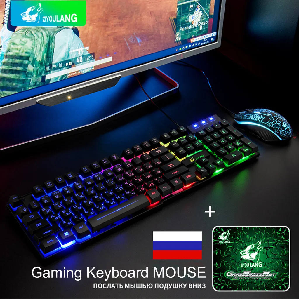 

CARPRIE T5 Keyboard Rainbow Backlight Usb Ergonomic Gaming English Russian Keyboard And Mouse Set for PC Laptop with Mouse#G20