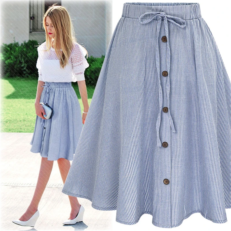 

2019 High Waist Midi Skirts Lace-up Striated A-Line Casual Ladies Skirts Bottoms Trendy Female Skirts Long Midlength Skirt