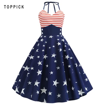 

Summer Women Party Dress Pentagram Stitching Halter Print Dress Sleeveless Robe Vintage Pin Up Big Swing Rockabilly Dresses
