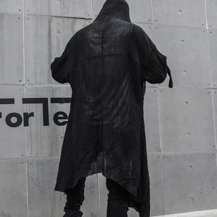Men Long Sleeve Hooded Cloak Cardigan Linen Oversize Blouse Nightclub DJ Singer Punk Rock Hip Hop Gothic Vintage Streetwear long sleeve shirt men kimono cardigan