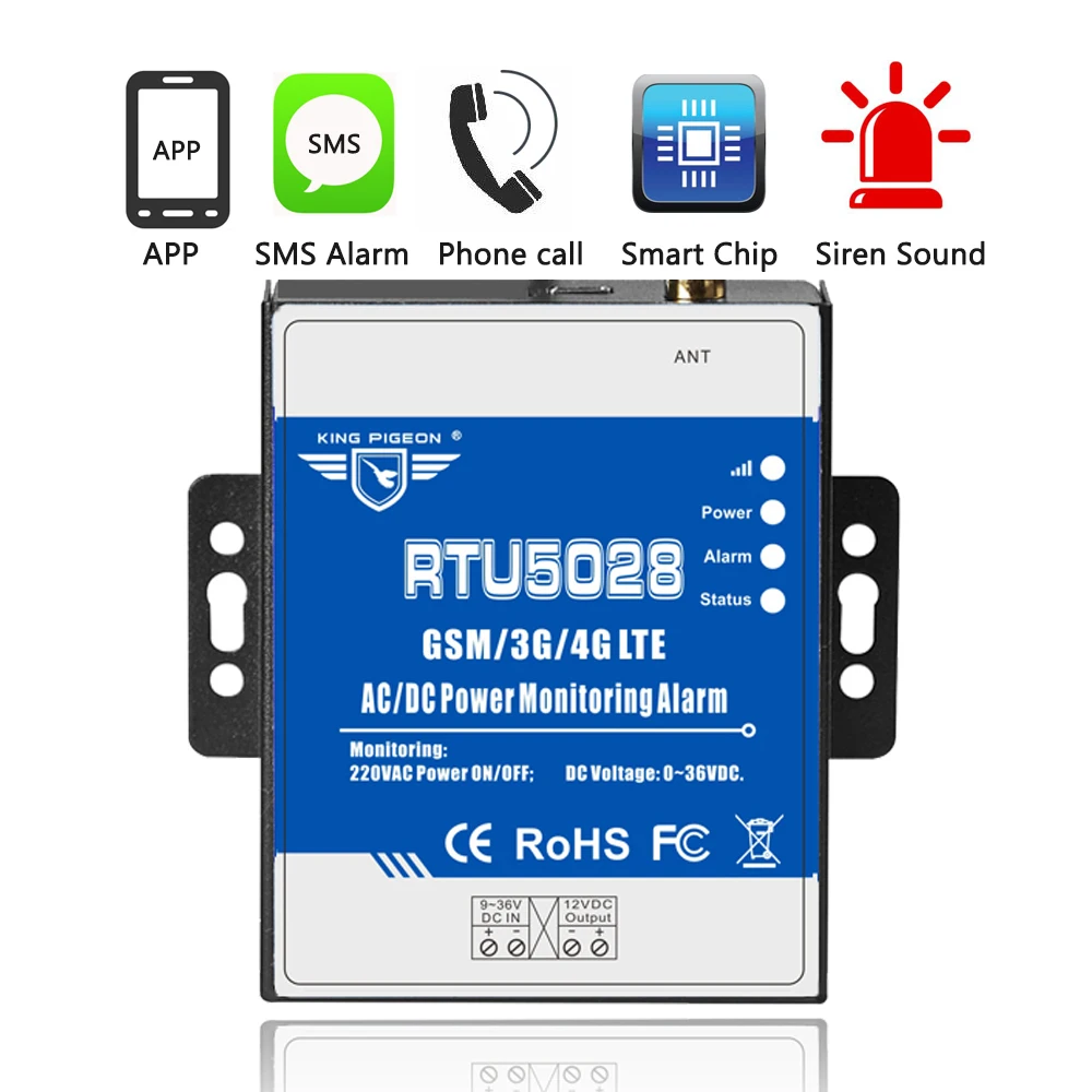 AC/DC Power Voltage Status Monitoring Power Failure/Recover Alarm via GSM 3G 4G Network Supports Siren Sound RTU5028