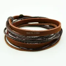 C335 Мужская Женская мода коричневый кожаный браслет ручной работы Серфер пеньковая 2 Браслет-повязка на запястье ювелирные изделия подарок