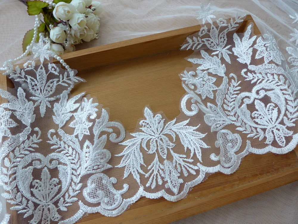 

6 ярдов винтажная вышивка Цветочная кружевная отделка цвета слоновой кости Полиэстеровая кружевная ткань на сетке Бесплатная доставка