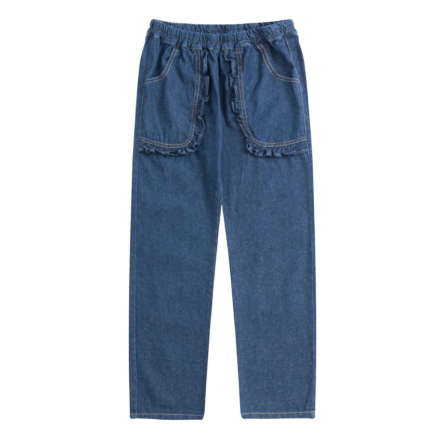

Spring Summer New Women Jeans Full Length Sweet Ruffles Pockets Ladies Denim Pants Preppy Style Casual Loose Mid-waist