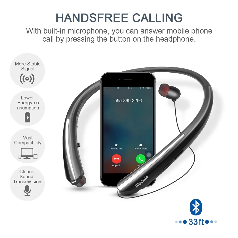 Bluenin Bluetooth наушники выдвижной IPX4 Sweatproof беспроводные aptX стерео HiFi Спортивные с