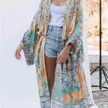 Women Floral Kimono Open Front Cardigan Maxi Dress Swimsuit Beachwear knot front open midriff floral romper