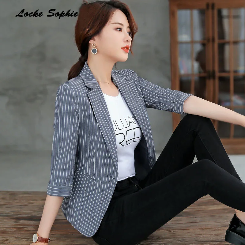 Women's Plus size Blazers coats 2019 Summer Fashion cotton Splicing stripe Small Suits jackets ladies Skinny Blazers Suits coats