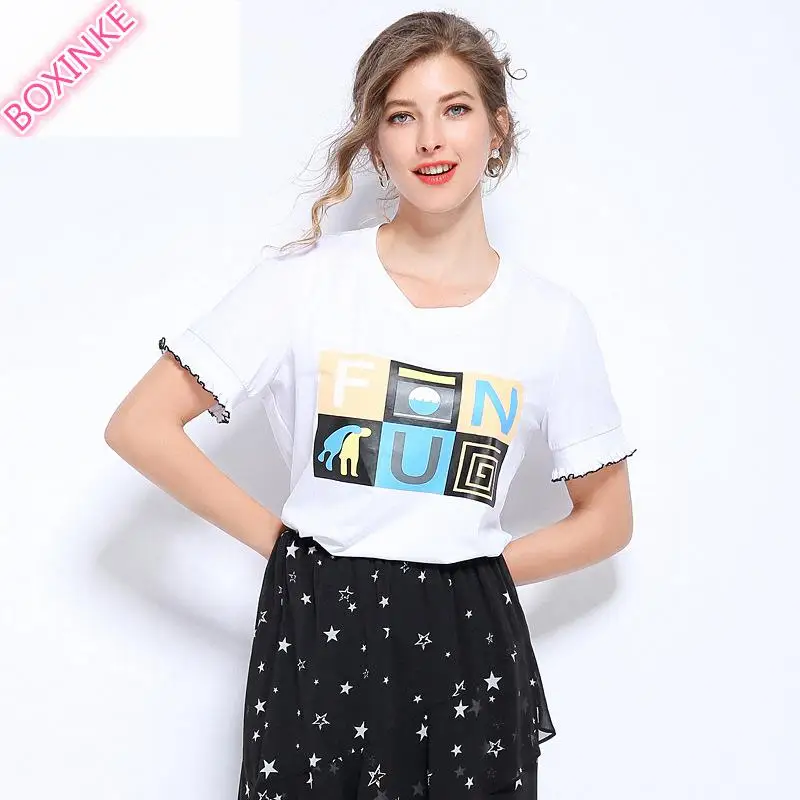 

2019 Tumblr Unicorn Korean Cotton Polyester Summer New Large Size Women's Wear Fat Mm T-shirt 100 Kg Slim And Increased Top