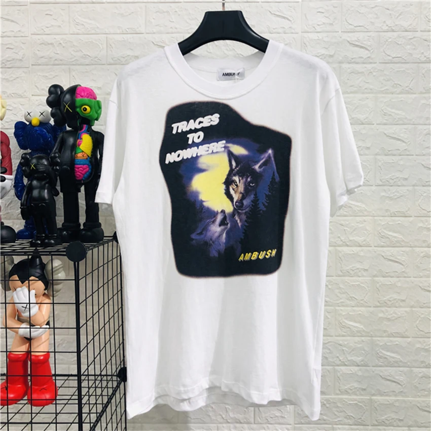 

AMBUSH UNICORN WOLF T-SHIRT Traces To NOWHERE LOGO Midnight Wolf Print AMBUSH White T-shirts Men 2019 Cotton Loose Tee Unisex