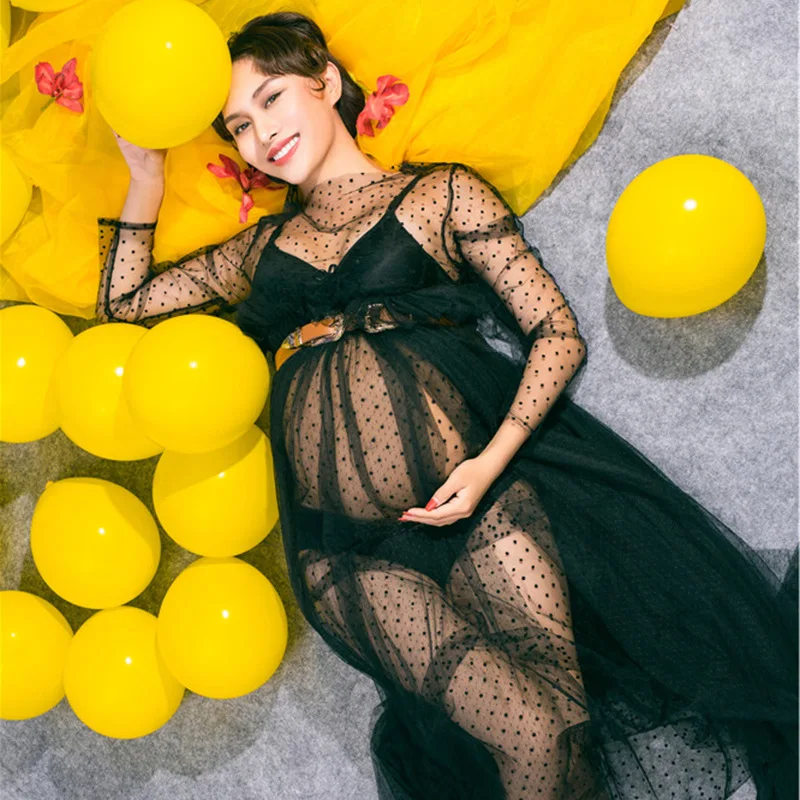 Pregnancy Photo Shoot Lace Dress Maternity Long Sleeve Photography Plus Size Black Dress Pregnant Women Picture Shoot Clothes