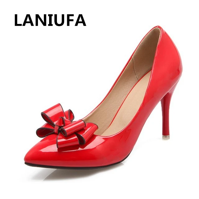 

high quality Pumps Women Shoes women Sexy PU Leather Slip-On Pointed Toe Bow High Heels dress Wedding shoes mujer zapatos #773