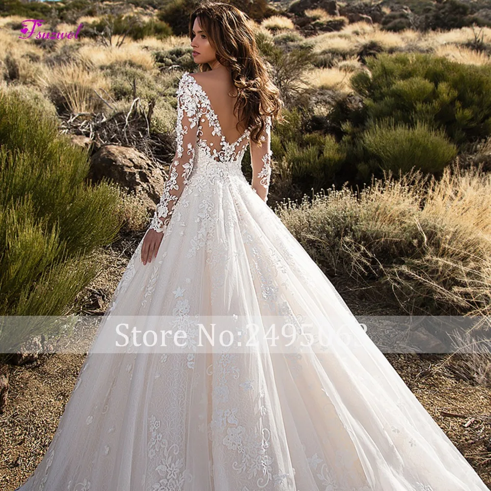 Glamorous Court Train Appliques Lace A-Line Wedding Dress 2022 Sexy Scoop Neck Flowers Long Sleeve Princess Bride Gown Plus Size wedding dresses