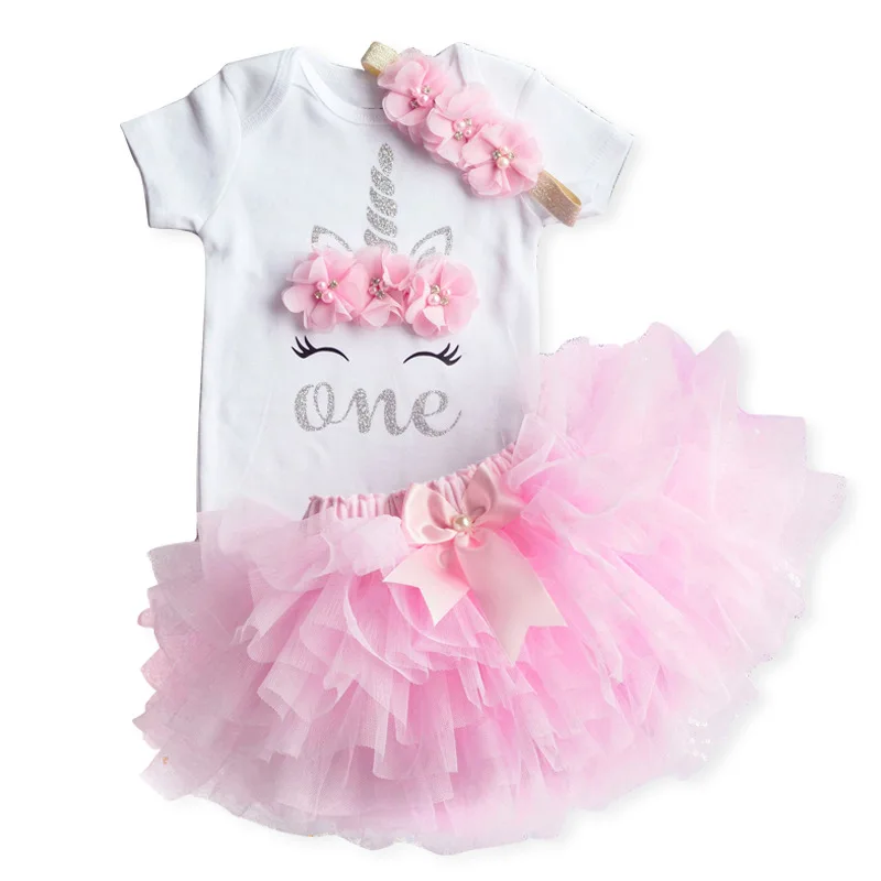 Unicorn Baby Girl Clothes Dresses With Infant Headband Cotton Lace First Birthday Outfit Girl 1 Year Baby Tutu Dress For Girls