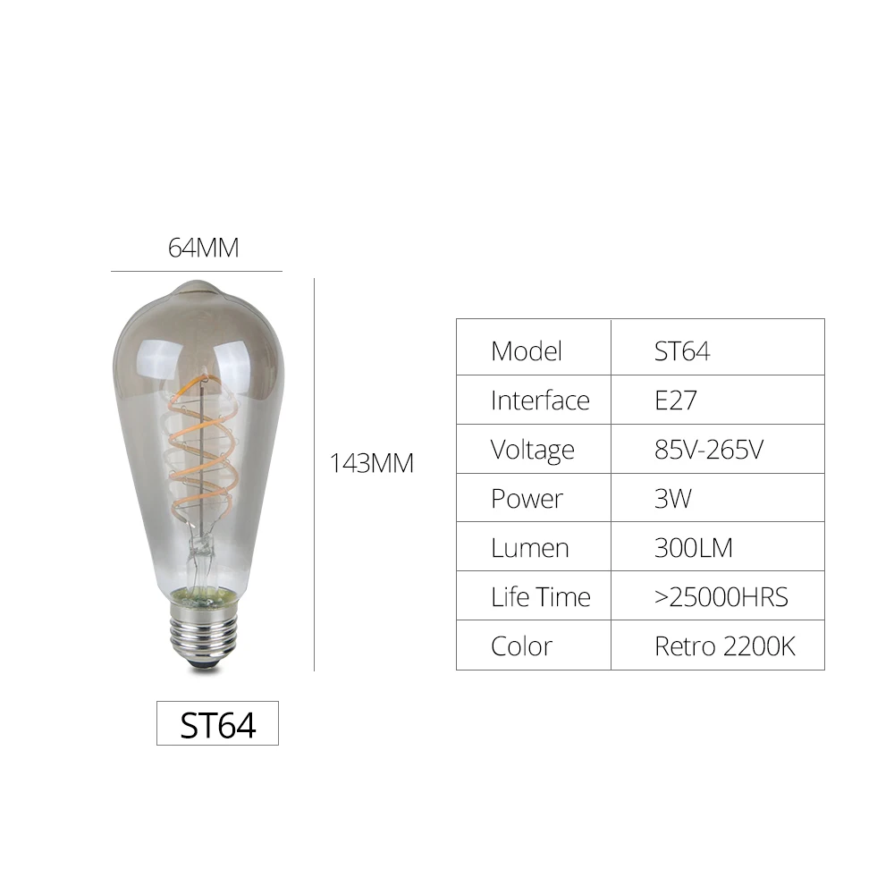 Foxanon ST64 светодиодный винтажный ламповый светильник Эдисона, лампада, Ретро лампа E27 3 Вт, лампа накаливания, спиральный светильник накаливания для украшения кулона