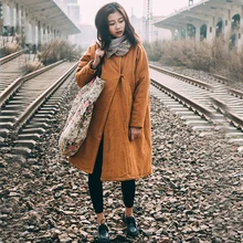 Women Handmade Button Chinese Warm Simple Jacquard Cotton Linen Down &parkas Casual Autumn Winter Coat Outwear Winter Overcoat