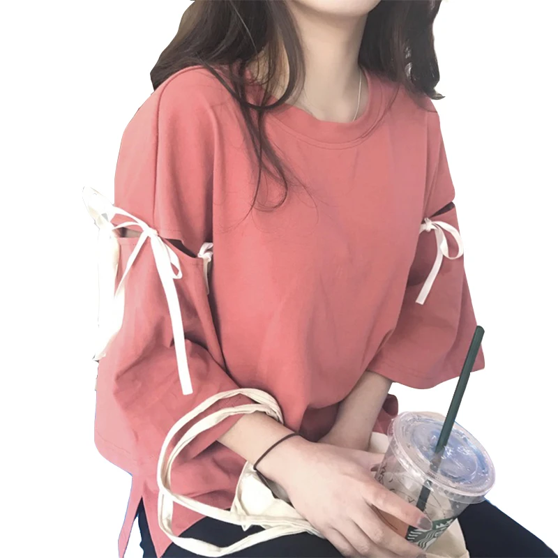 

2019 spring and summer new women's loose handsome tide half sleeve bow hollow solid color leisure...