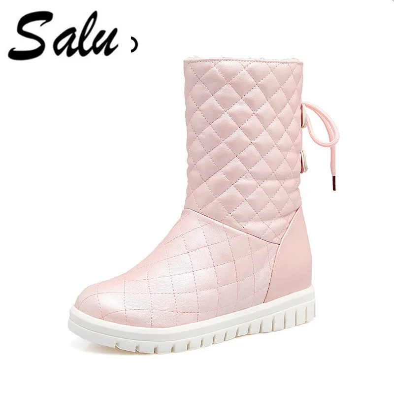 

Salu 2018 snow boots woman real round toe high heel flower mid calf boots warm comfortable fashion boots big size 11 12