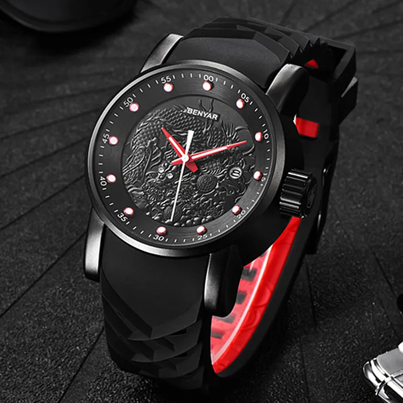 Китайский дракон календарь BENYAR люксовый бренд часы для мужчин водонепроницаемый силиконовый ремешок модные кварцевые простые часы Relogio Masculino