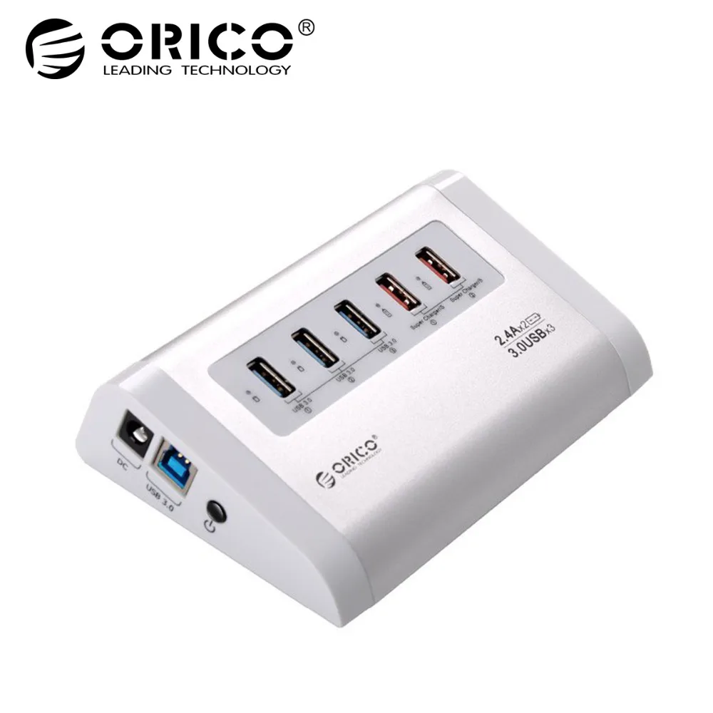 Koop ORICO UH3C2 SV USB3.0 HUB 5 Gbps High Speed met Oplader voor Mobiele Telefoon Tablet EU Plug US Plug zilver