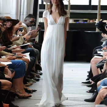 

2019 Brand New Boho Style Vintage Runway Dress Womens Elegant Short Sleeve Sexy V Neck White Lace Chiffon Maxi Long Dress