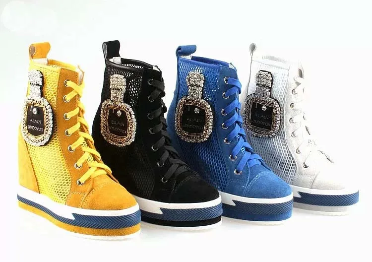 

New 2017 Woman hidden Wedges thick sole Summer Mesh Breathable casual shoes lace up Fashion Rhinestone decoration Elevator boots