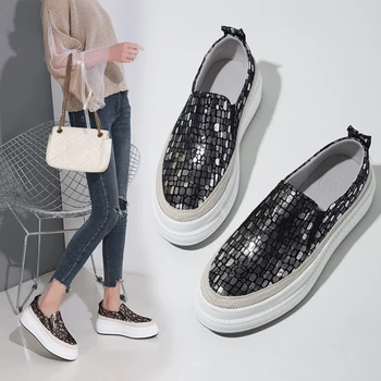 

Loafers Platform Shoes 2020 Spring Genuine Leather Casual Shoes Slip On Sequin Bling Bling 4CM Gold Silver