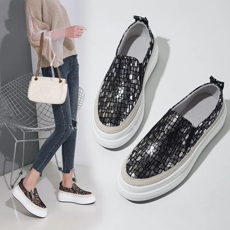 $43.5 Loafers Platform Shoes Spring Genuine Leather Casual Shoes Slip On Sequin Bling Bling 4cm Gold