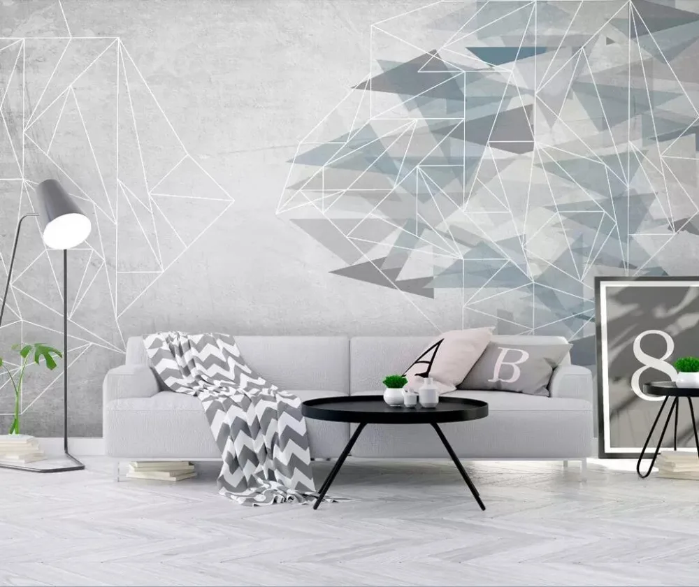 

Contemporary contracted abstract geometrical design mural sitting room setting wall