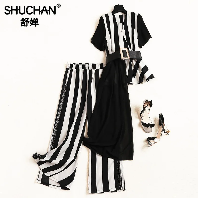 

Shuchan Fashionable Designer Sets for Women 2019 V-Neck Striped Office Lady Irregular Tops+ Ankle-Length Pants suit 11405