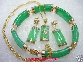 

Free Shipping Wholesale>>>JJ6542 Noble New 18KGP Green Jade Pendant Necklace 2 Rows 7.5" Bracelet Earrings Set