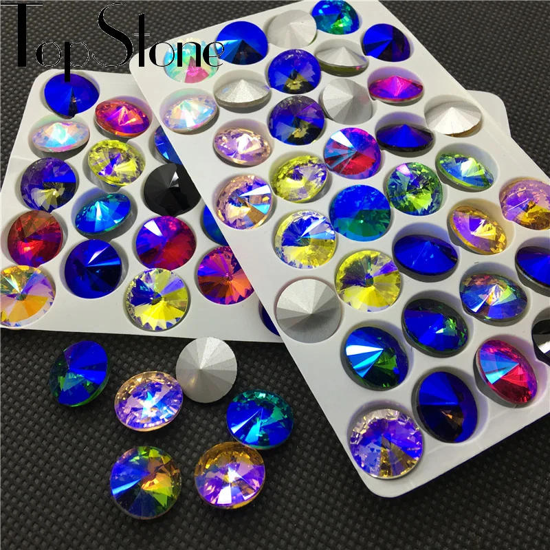 

TopStone Colors AB Rivoli Fancy Stone 6mm 8mm,10mm,12mm,14mm,16,18mm Round Pointback Glass Crystal Jewelry Stones Multi AB