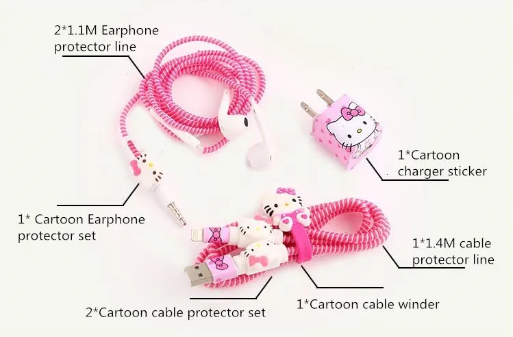 Хороший подарок милый мультяшный usb-кабель протектор для Наушников набор с кабелем Стикеры для намотки спиральный usb-шнур с зарядным устройством для iphone 5 6 6s 7 plus