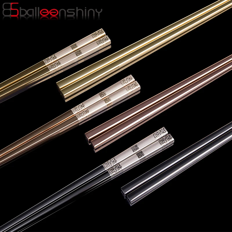 

BalleenShiny Stainless Steel 1 Pair Chopsticks Mirror Polished Anti-slip Tableware Gifts Kitchen Flatware Square Dinnerware