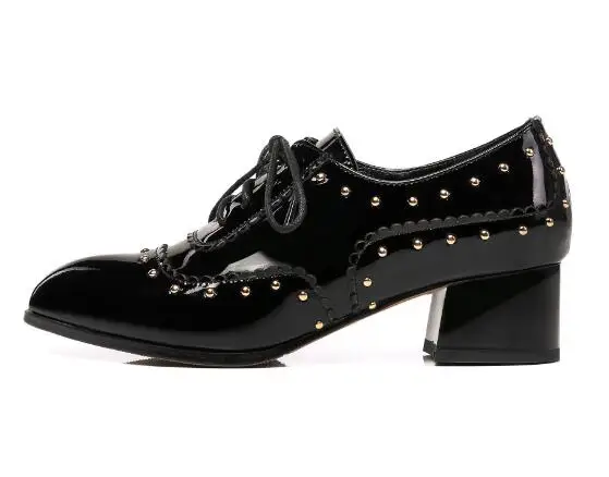 

British style lace-up pointed toe medium heel shoes Black solid color chunky heel shoe Female fashion black/red work shoes