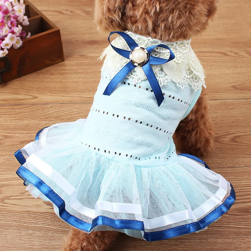 Summer cool dog clothes pearl bud ribbon petal collar pet skirtin Dog