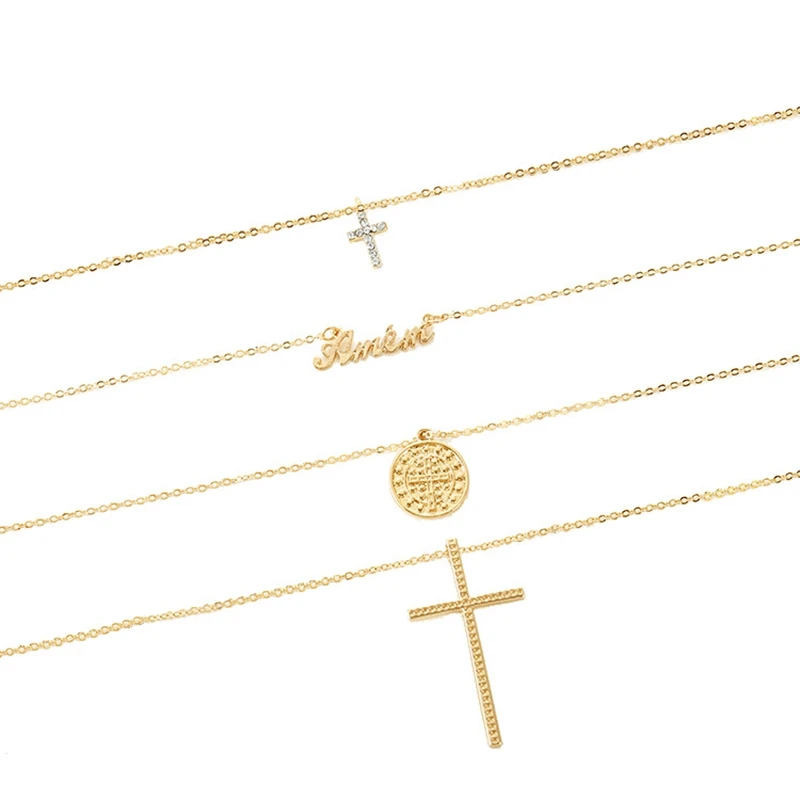 Gold Color Cross Letter Round Pendant Necklace Boho Multi Layer Choker Chain Link Necklace For Women Fashion Jewelry Gift