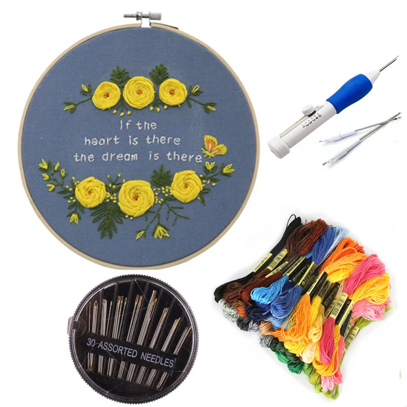 Europe diy embroidery tools set 1 pc pre printed ribbon flowers