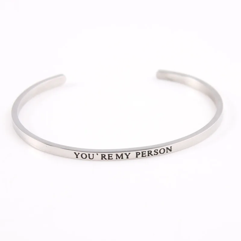 

You Are My Person Stainless Steel Engraved Positive Inspirational Quote Cuff Mantra Bracelet Bangle For for couple lover Gifts