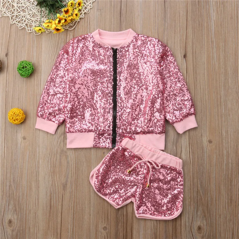 

Autumn Long Sleeve Pink Zipper Jacket Tops Shorts Girl Clothing Sequins Outfits 2PCS Toddler Baby Kids Girls Clothes Set