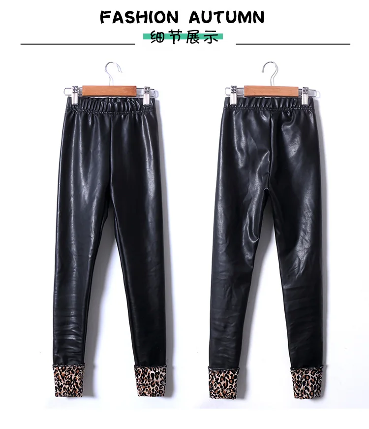 black faux leather leopard girls winter warm leggings 14 years old teenage fashion clothing children pants