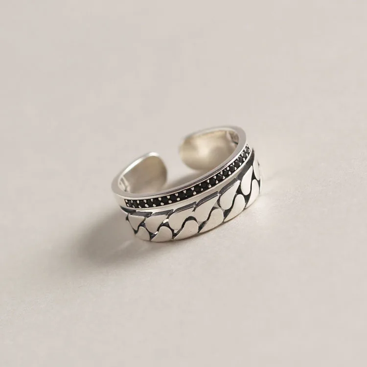 

Solid 925 Sterling Silver Rings for Women Pave Black Cubic Zirconia Chain Link Open Cuff Adjustable Ring Korean Fashion Jewelry