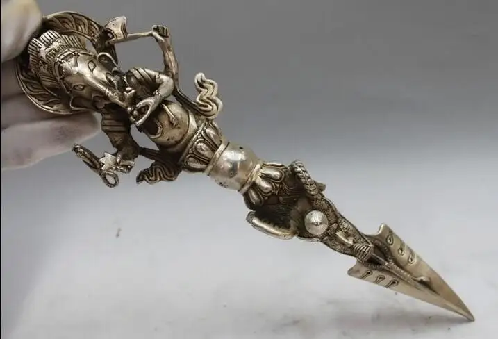

Tibet White Copper Silver Buddhism Elephant God Buddha Ganesh Phurpa Dagger