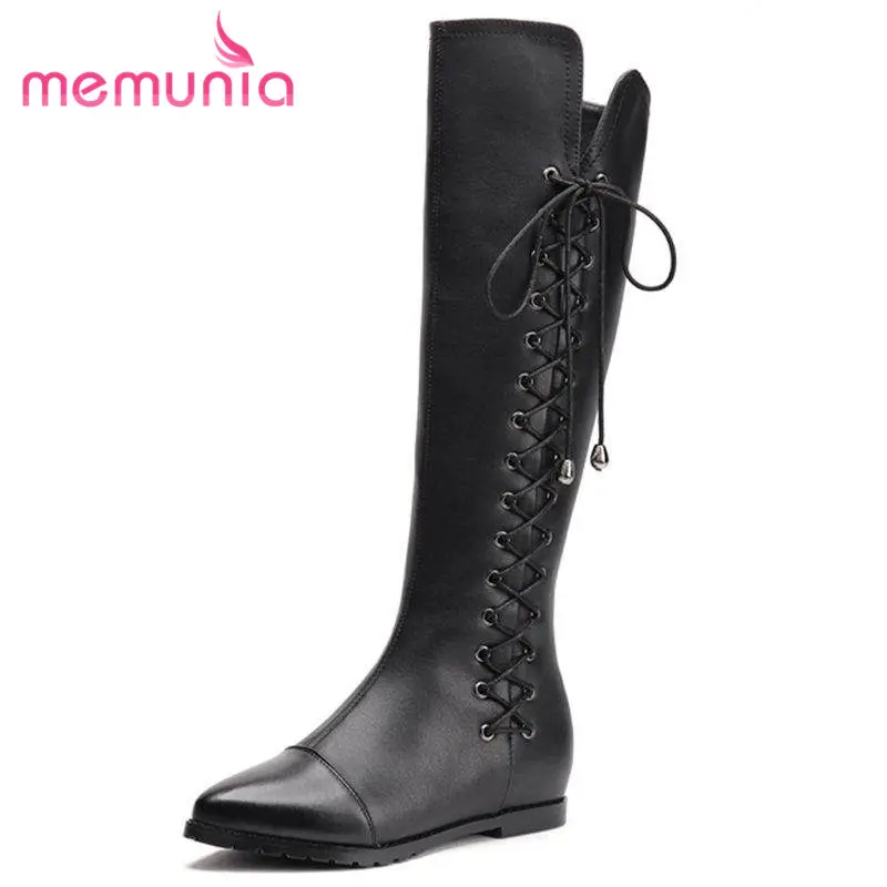 

MEMUNIA HOT 2018 fashion pointed toe knee high boots women genuine leather+quality PU flat with boots cross tied winter boots
