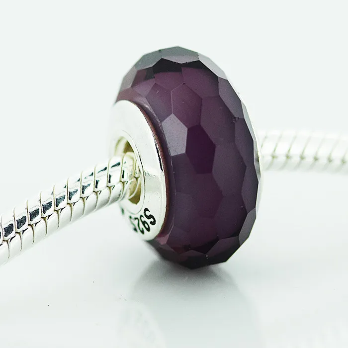 Подходит для Pandora шармы браслеты очаровательные фиолетовые муранские стеклянные бусины 925 стерлингового серебра ювелирные изделия