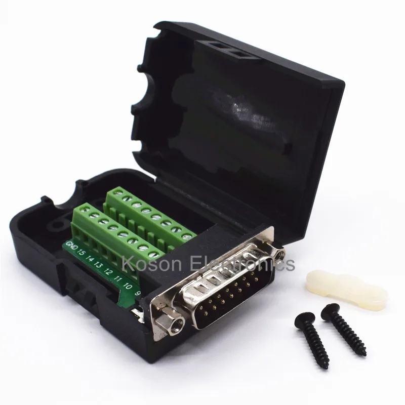 

DB15 Connectors D-SUB Male 2 Row 15 Pin Plug Breakout Terminals Board Connector Nut Type With Black Plastic Cover