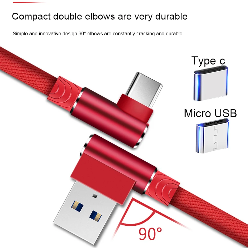 1 м 2 м 3 м 90 градусов Micro USB C type C кабель для зарядного устройства для samsung huawei Xiaomi USB-C USBC type-C длинный шнур для быстрой зарядки данных