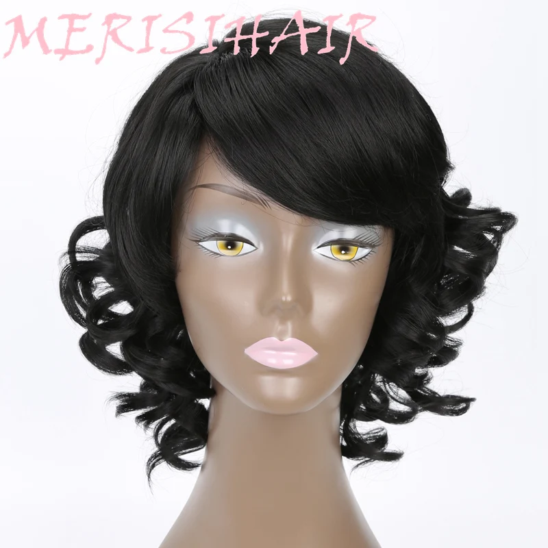 

MERISI HAIR 10 Inch Short Wig Wave Black Color Synthetic Hair Heat Resistant Fiber Wigs For Black Women Clearance processing