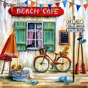 

EverShine DIY Diamond Painting With Square Rhinestones Beach Cafe Diamond Embroidery Landscape Diamond Mosaic Wall Decoration