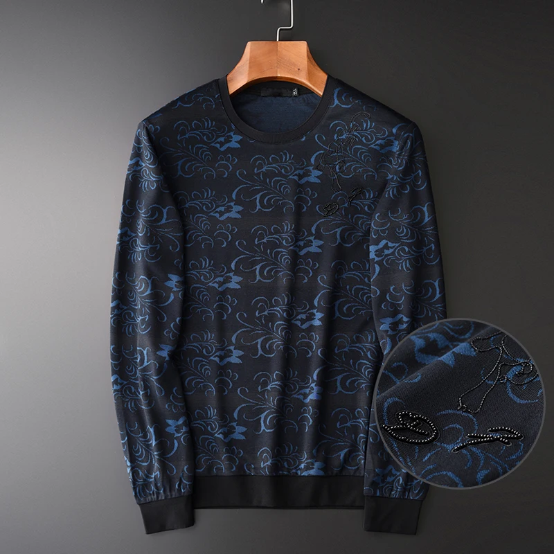 

Minglu Allover Printed Men T-shirts Luxury Beading Embroidery Long Sleeve Mens T-shirts Plus Size 4xl Slim Fit Yarn Dyed Men Tee